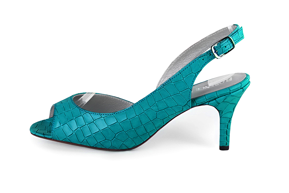 Turquoise blue elegant peep toe slingback heels. Square toe. High slim heel. - Florence KOOIJMAN